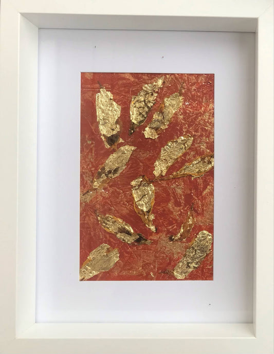 'Chrysanthenum Falling' - (Karen Hansen, 2025) Chrysanthenum Petals, Metal Leaf and Acrylic (Framed)