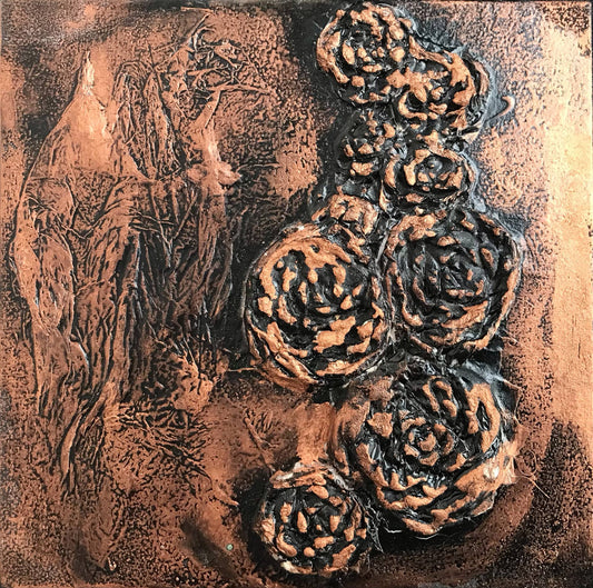 'The Wizard' - Enamel, paper and clay on board (Karen Hansen, 2024)