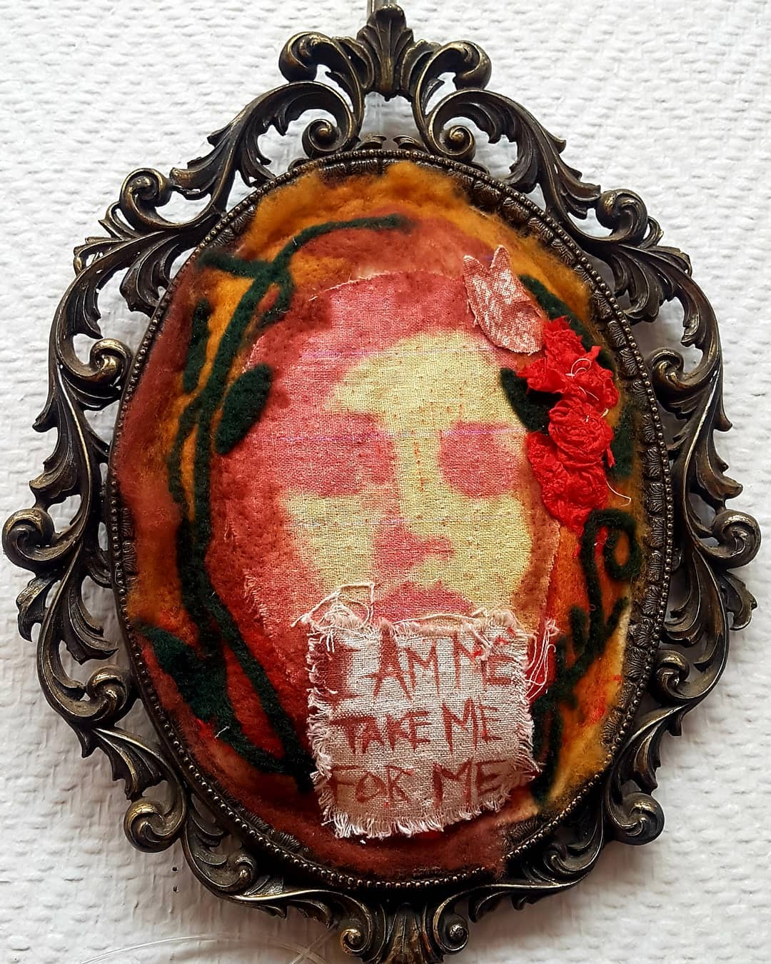 'Cameo' - (Karen Hansen, 2019) Sacred Red Ochre, Fine Linen, Merino, Ink, Brass, Silk.